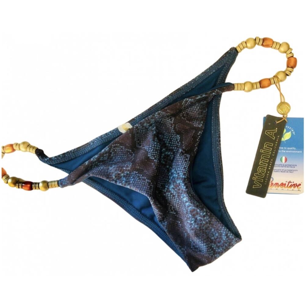 NEW VITAMIN A REVOLVE Blue Snakeskin Print Beaded Swimsuit Bikini Bottom S 6 USA